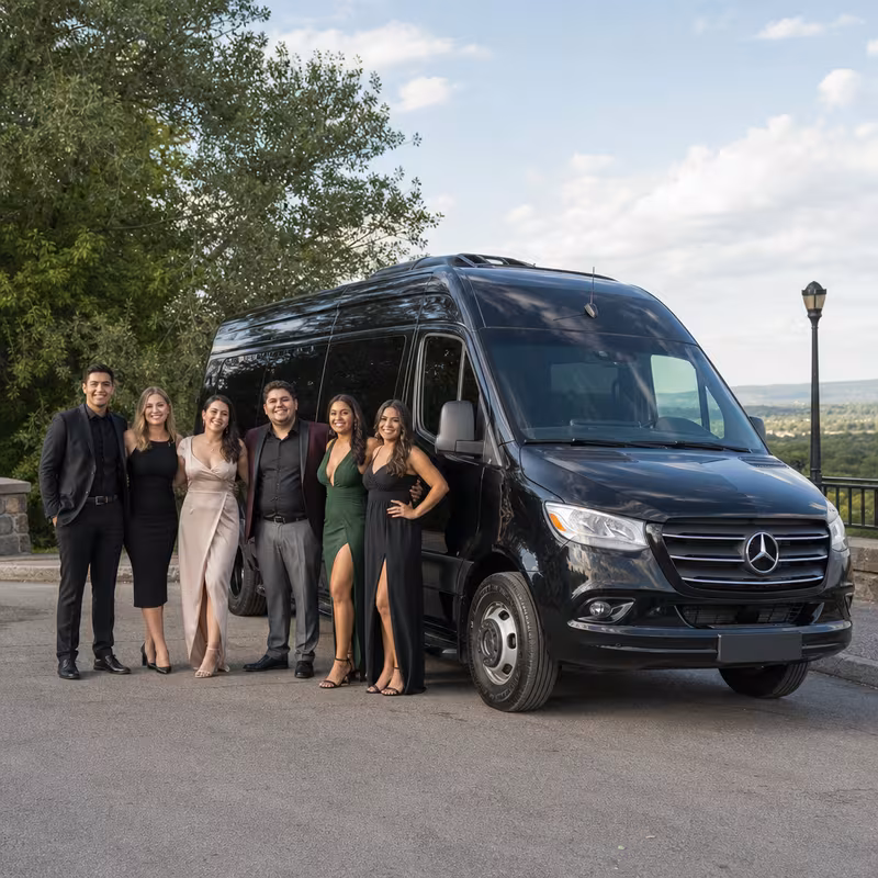 Group beside a Mercedes Sprinter limo from the Arlington fleet