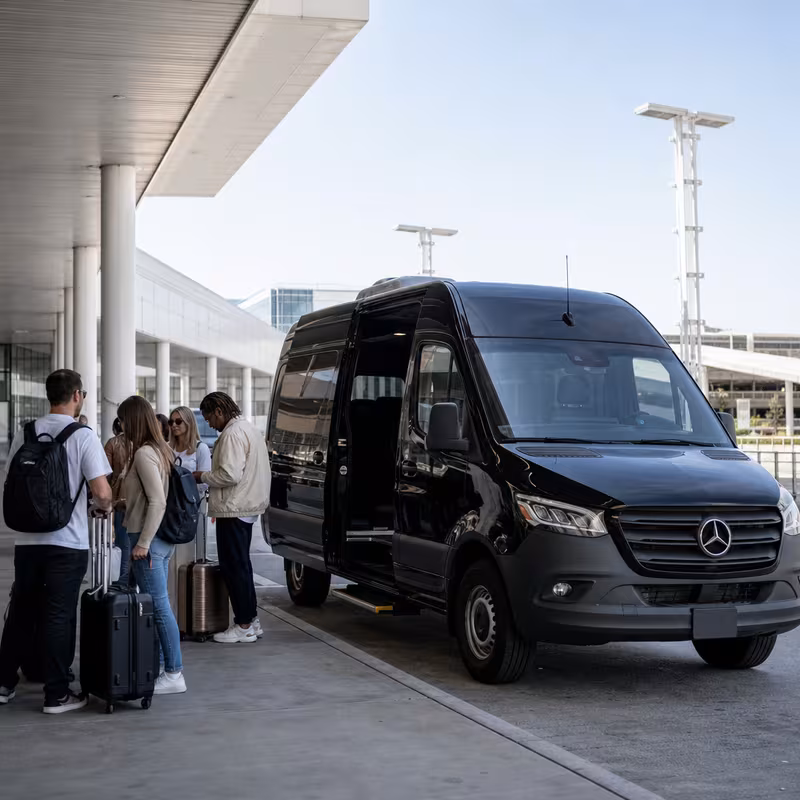 Group boarding a white charter bus for Airport Transportation transportation in Arlington