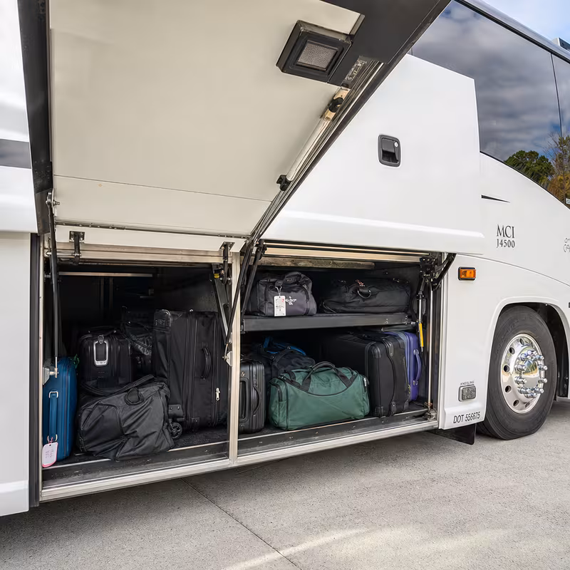 Party bus interior with wraparound leather seating and LED lighting in Arlington