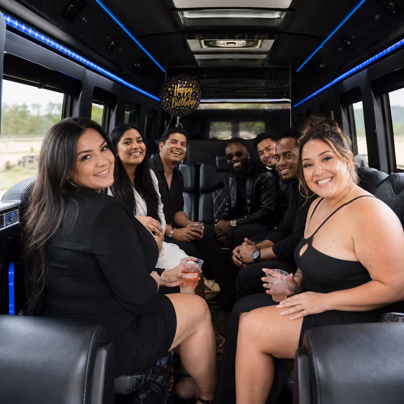 Black Mercedes Sprinter van staged for an Arlington Birthday Transportation group