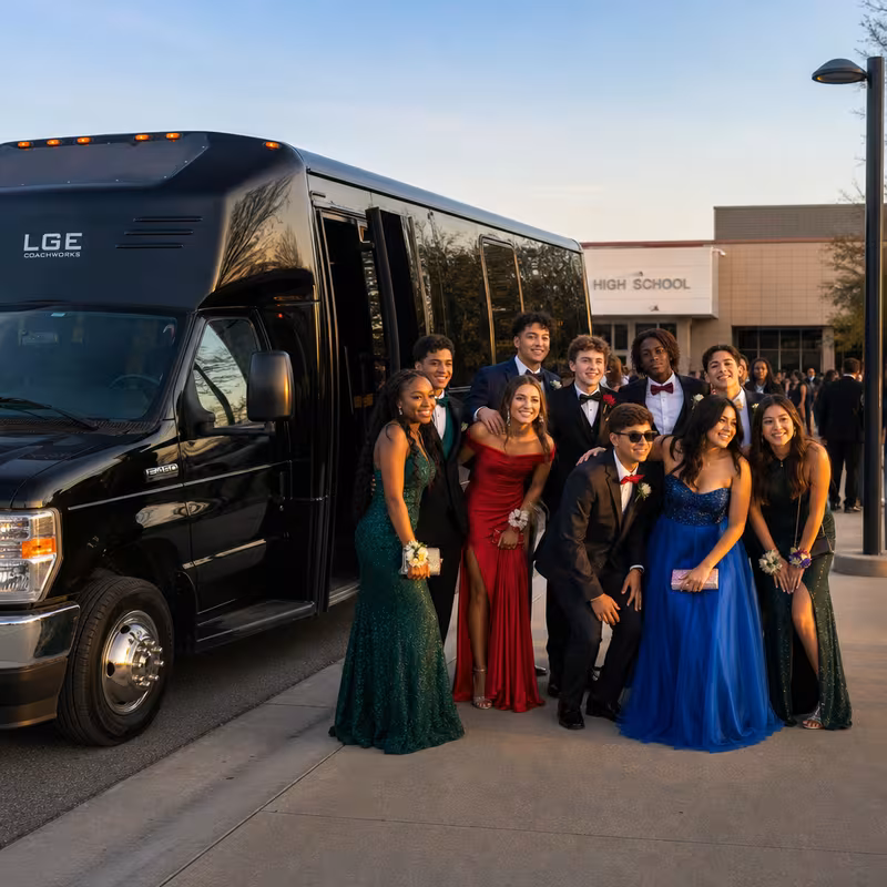 Group boarding a white charter bus for Prom & Homecoming Transportation transportation in Arlington