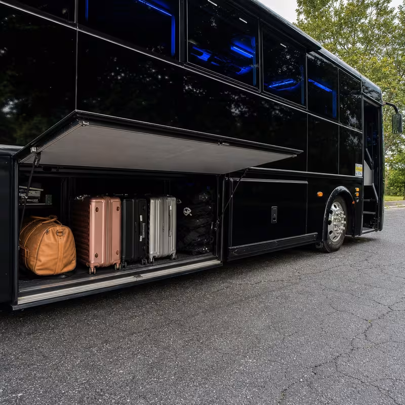 Party bus interior with wraparound leather seating and LED lighting in Arlington