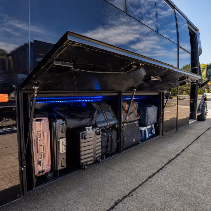 Party bus interior with wraparound leather seating and LED lighting in Arlington