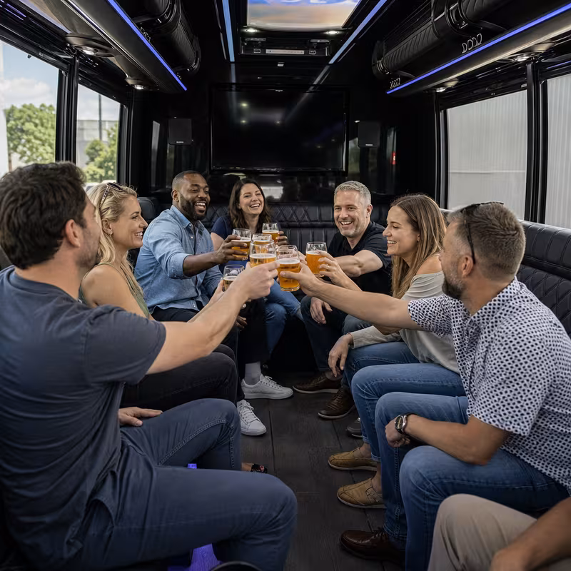 Black Mercedes Sprinter van staged for an Arlington Winery & Brewery Tour Transportation group